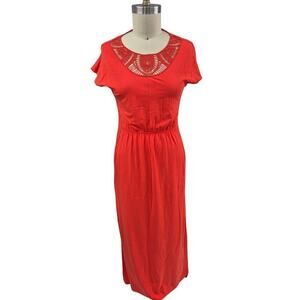 Lands End Cotton Blend Maxi Dress Red/Orange Sz M Summer Chic